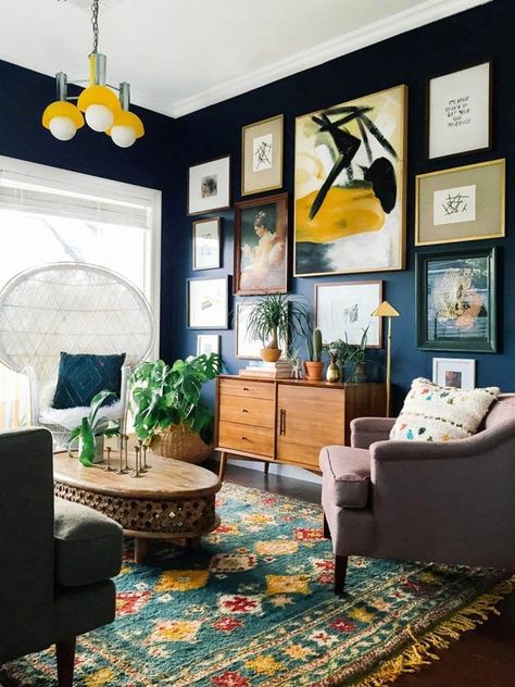 Dark blue and yellow living room