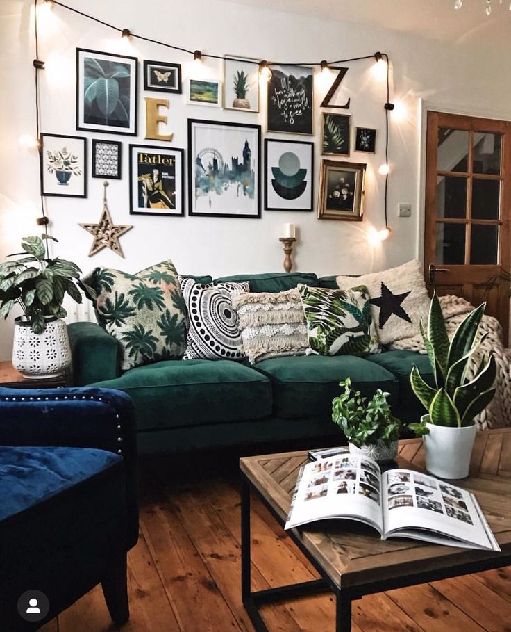 Bohemian green couch living room