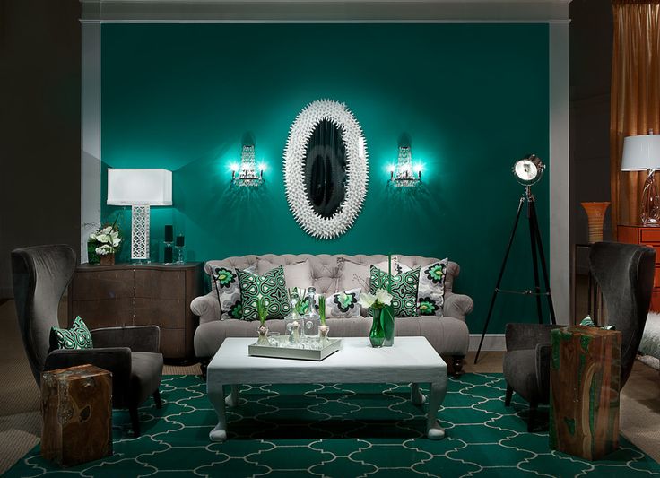 Emerald green and grey bedroom