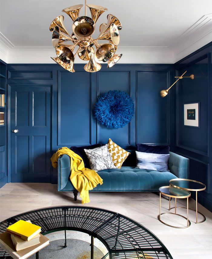 Dark blue and yellow living room