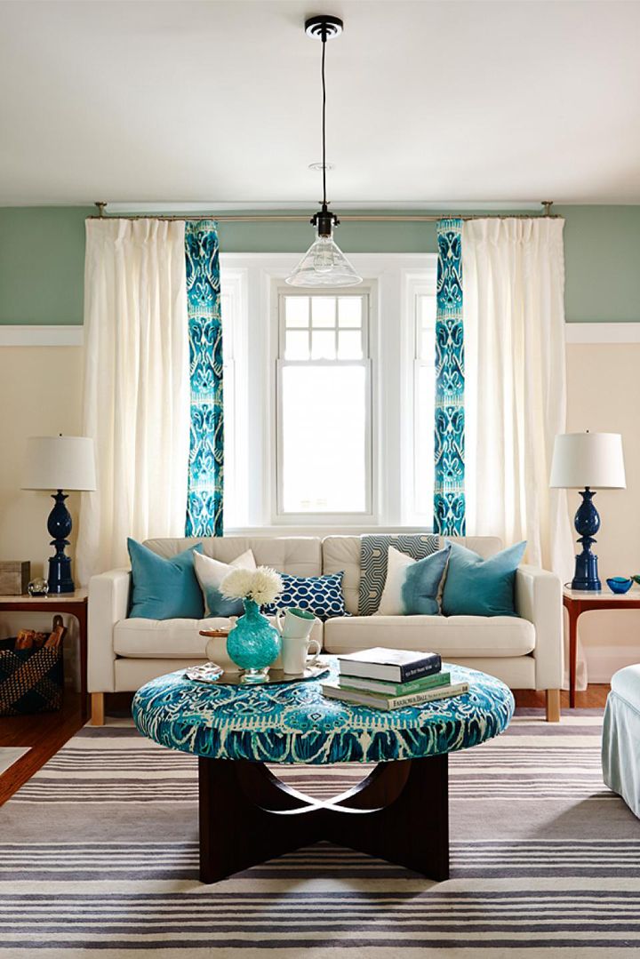 Brown living room with blue accents