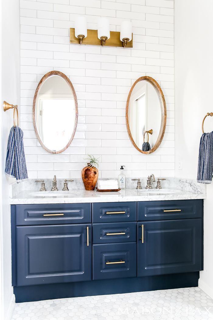 Navy blue and white bathrooms