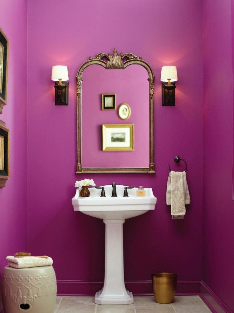 Gray bathroom with purple accents