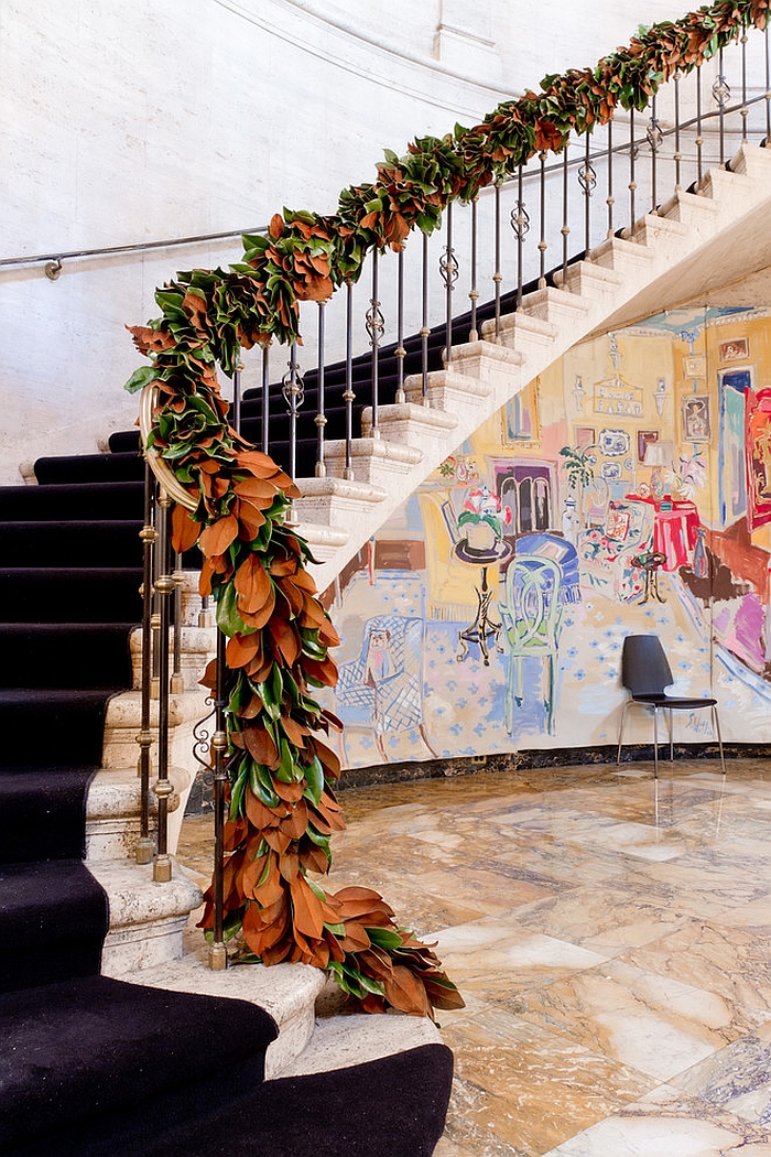 Stair railing decorated for christmas